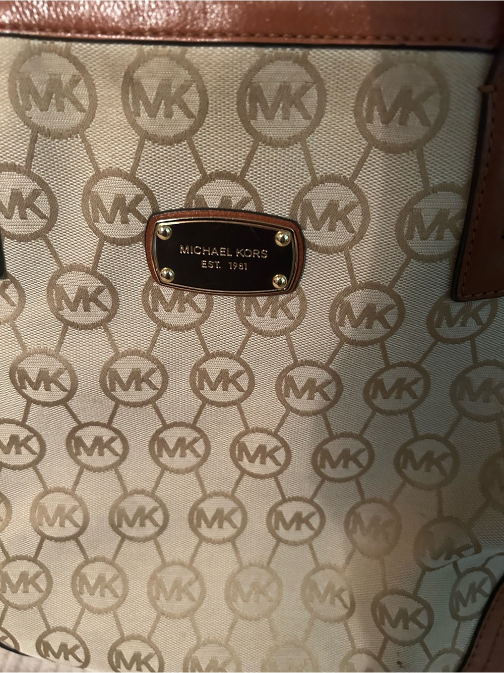 Michael Kors Beige Canvas Tote with Brown Trim and Gold Plate